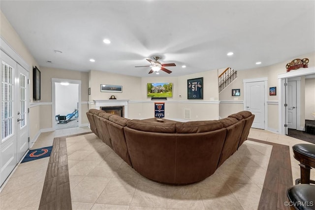 12712 Dell Hill Ct, Chesterfield, VA 23831 - living room with a lit fireplace, recessed lighting, and light tile patterned floors
