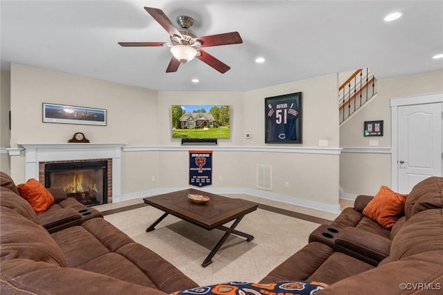 12712 Dell Hill Ct, Chesterfield, VA 23831 - tiled living area with recessed lighting, a brick fireplace, a ceiling fan, and visible vents