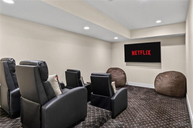 12712 Dell Hill Ct, Chesterfield, VA 23831 - home theater featuring baseboards, dark carpet, and recessed lighting