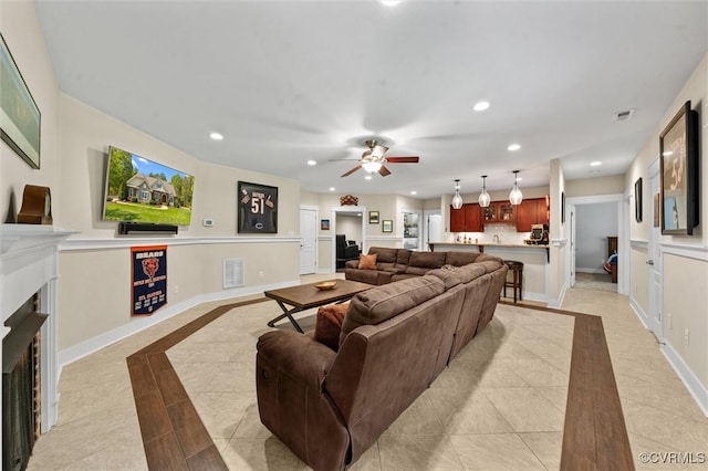 12712 Dell Hill Ct, Chesterfield, VA 23831 - living room featuring a fireplace with flush hearth, recessed lighting, visible vents, a ceiling fan, and light tile patterned floors