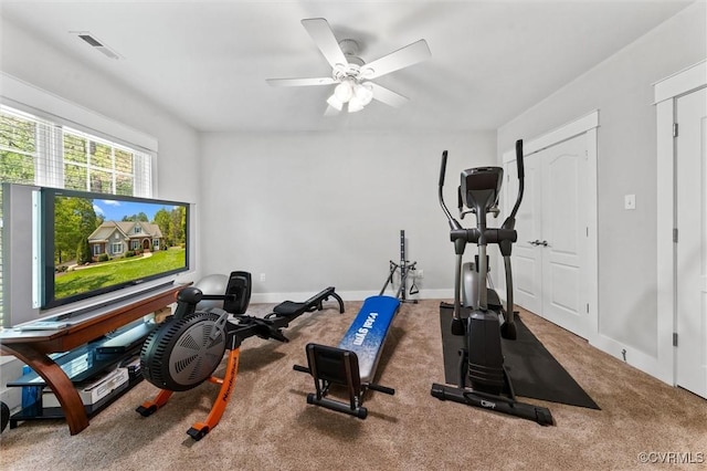 12712 Dell Hill Ct, Chesterfield, VA 23831 - workout area featuring visible vents, carpet flooring, baseboards, and ceiling fan