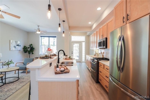 6 S Rowland St, Richmond, VA 23220 - kitchen featuring light brown cabinets, light wood-style floors, stainless steel appliances, and a sink