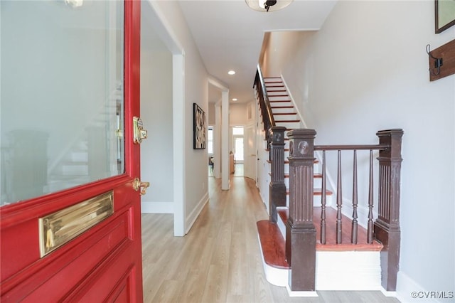 6 S Rowland St, Richmond, VA 23220 - foyer featuring recessed lighting, stairway, light wood finished floors, and baseboards