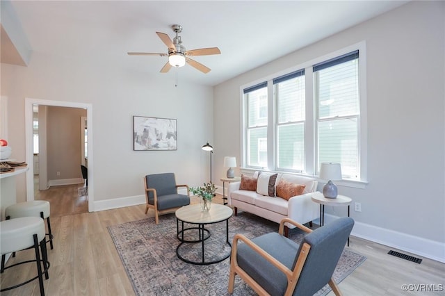 6 S Rowland St, Richmond, VA 23220 - living room featuring baseboards, visible vents, light wood-style floors, and ceiling fan
