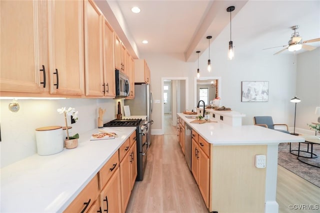 6 S Rowland St, Richmond, VA 23220 - kitchen with stainless steel appliances, light brown cabinetry, a sink, and light wood-style floors