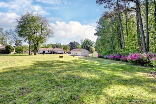 view of yard featuring an outdoor structure and a storage shed