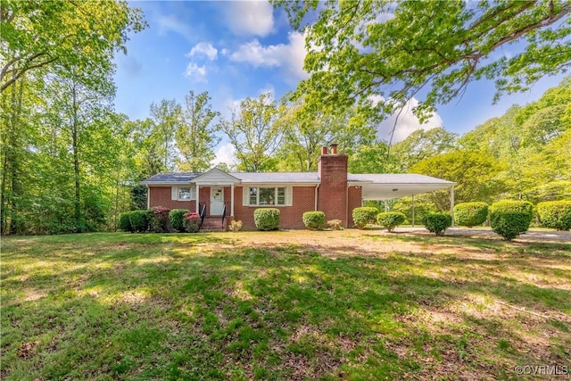 8000 N Courthouse Rd, New Kent, VA 23124 - ranch-style home featuring a front yard, an attached carport, brick siding, and a chimney