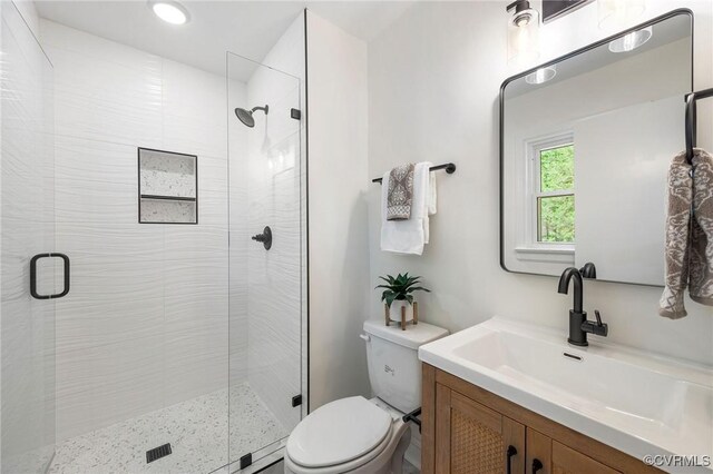 full bathroom featuring a shower stall, toilet, and vanity