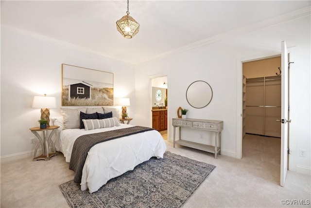 7208 Cornus Ave, Chesterfield, VA 23832 - bedroom with light colored carpet, crown molding, baseboards, a spacious closet, and ensuite bathroom