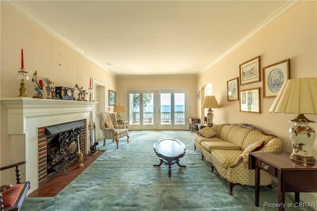 living room featuring a fireplace with flush hearth, carpet, and ornamental molding