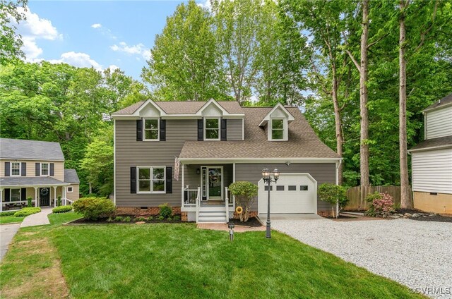traditional home featuring an attached garage, gravel driveway, a shingled roof, and crawl space