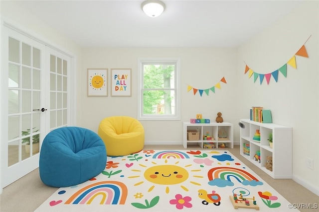 game room with french doors, carpet, and baseboards