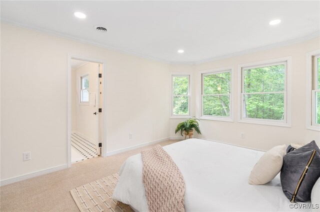 bedroom featuring ornamental molding, recessed lighting, baseboards, and carpet