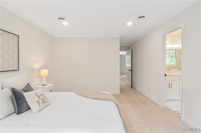 bedroom featuring light carpet, ornamental molding, baseboards, recessed lighting, and ensuite bathroom