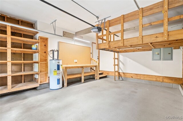 garage with electric water heater, electric panel, and a garage door opener