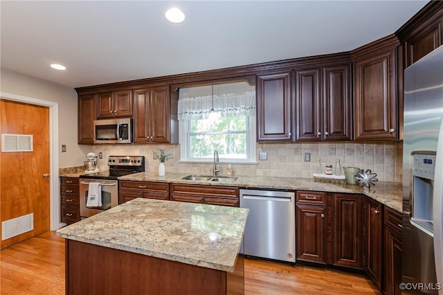 kitchen featuring appliances with stainless steel finishes, a sink, visible vents, and light wood-style floors