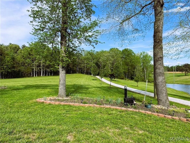 view of home's community with a lawn and a water view