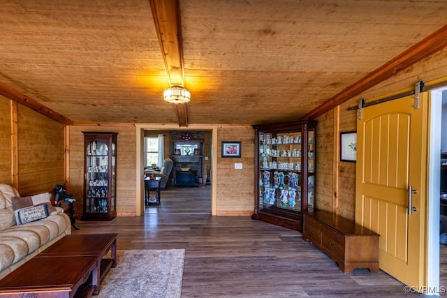 living room featuring a barn door, wood walls, wooden ceiling, and dark wood-style floors