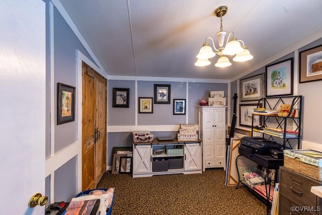 office space with dark carpet, an inviting chandelier, and crown molding