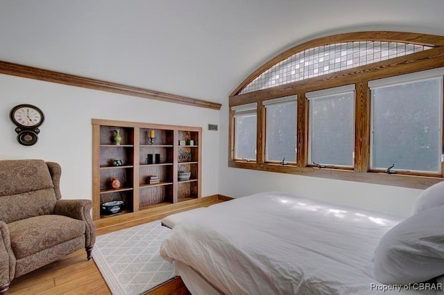 bedroom featuring vaulted ceiling and light wood-type flooring