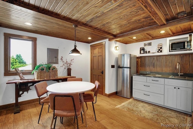 kitchen featuring electric panel, stainless steel appliances, a sink, baseboards, and wooden ceiling