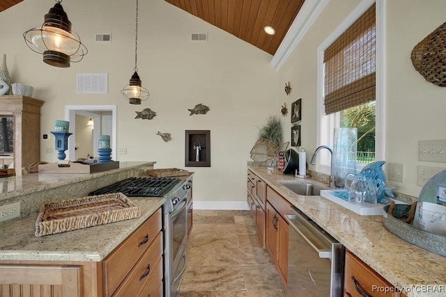 kitchen with stainless steel appliances, visible vents, a sink, and high vaulted ceiling
