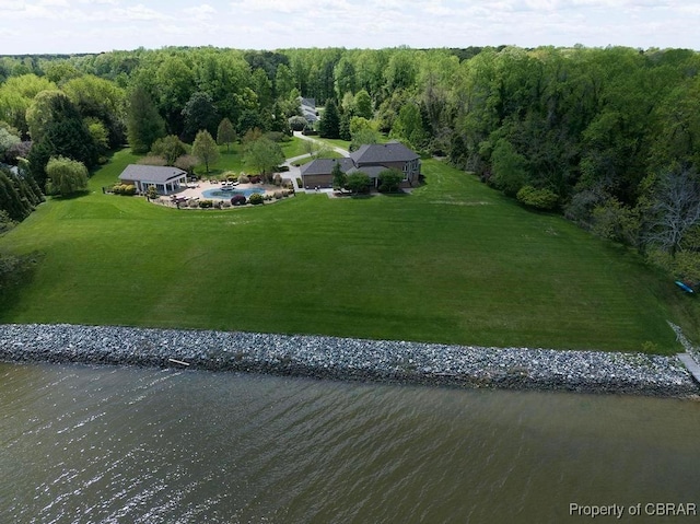 drone / aerial view featuring a water view