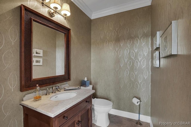 half bath with crown molding, vanity, marble finish floor, an inviting chandelier, and toilet