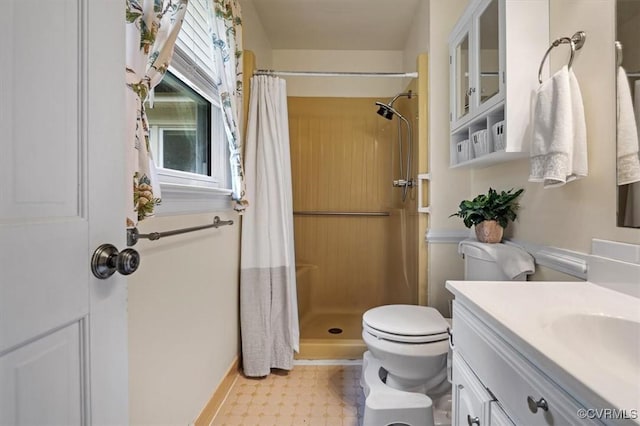 full bath with a shower stall, healthy amount of natural light, vanity, and toilet