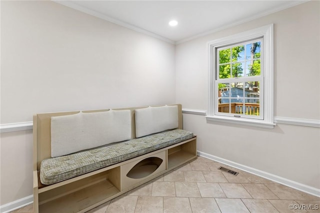 unfurnished room featuring baseboards, visible vents, ornamental molding, and recessed lighting