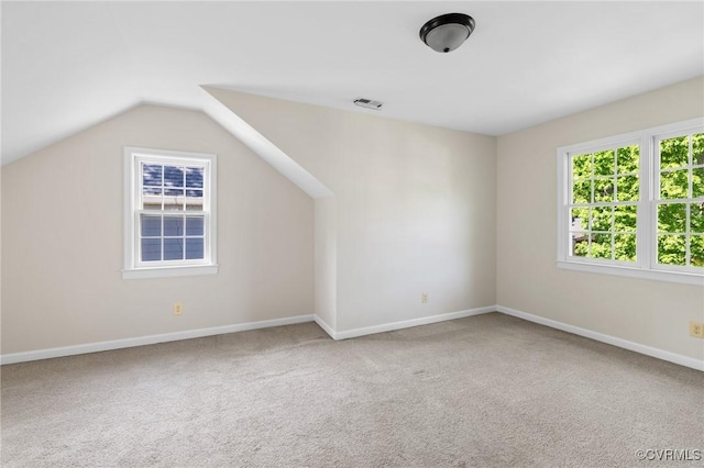additional living space with lofted ceiling, a wealth of natural light, carpet flooring, and baseboards