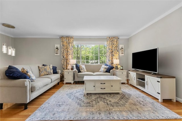 living room with crown molding and light wood finished floors