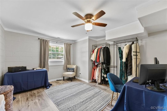 walk in closet featuring wood finished floors and ceiling fan