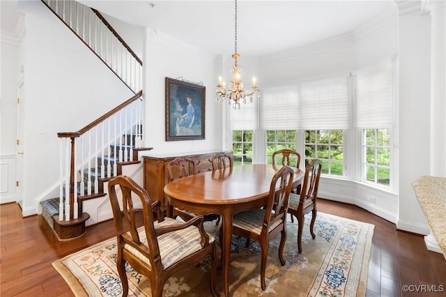 9522 Nassington Ct, Henrico, VA 23229 - dining area with stairway, dark wood-type flooring, crown molding, a chandelier, and baseboards