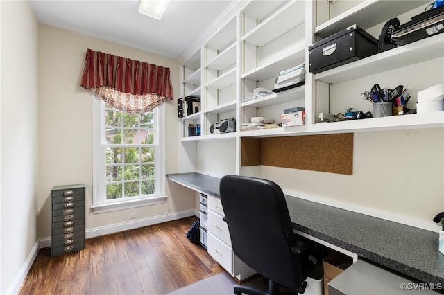 9522 Nassington Ct, Henrico, VA 23229 - office with dark wood finished floors, built in study area, and baseboards