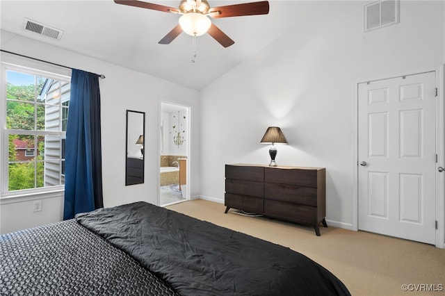 bedroom with visible vents, carpet, ceiling fan, and ensuite bathroom
