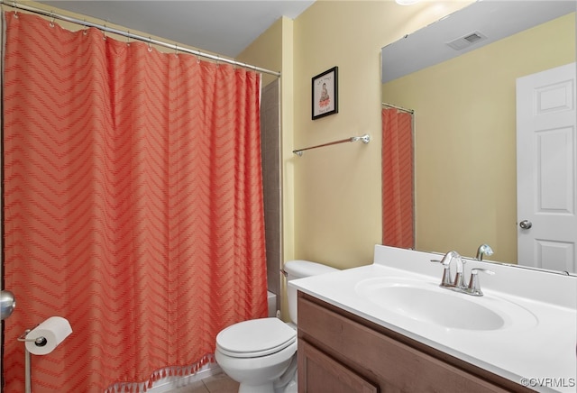 full bathroom with toilet, visible vents, tile patterned flooring, and vanity