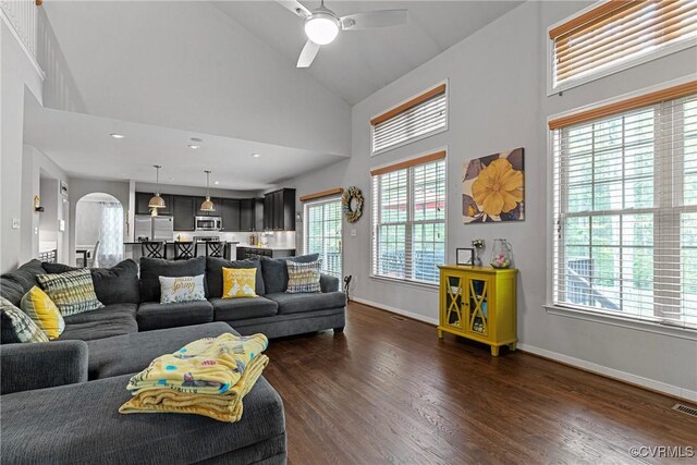 living area featuring high vaulted ceiling, baseboards, dark wood-style flooring, and plenty of natural light