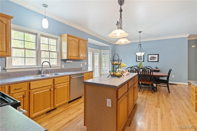 13032 Beech Creek Ln, Ashland, VA 23005 - kitchen with dishwasher, a sink, a kitchen island, light wood-style floors, and hanging light fixtures