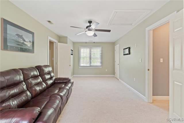 13032 Beech Creek Ln, Ashland, VA 23005 - living area featuring attic access, light colored carpet, a ceiling fan, and baseboards