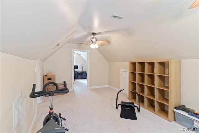 13032 Beech Creek Ln, Ashland, VA 23005 - exercise area with ceiling fan, lofted ceiling, carpet flooring, and baseboards