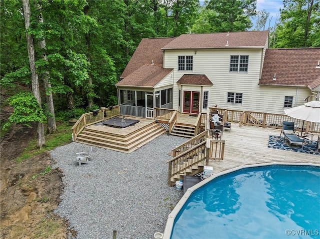 13032 Beech Creek Ln, Ashland, VA 23005 - outdoor pool with a deck, a sunroom, and stairs