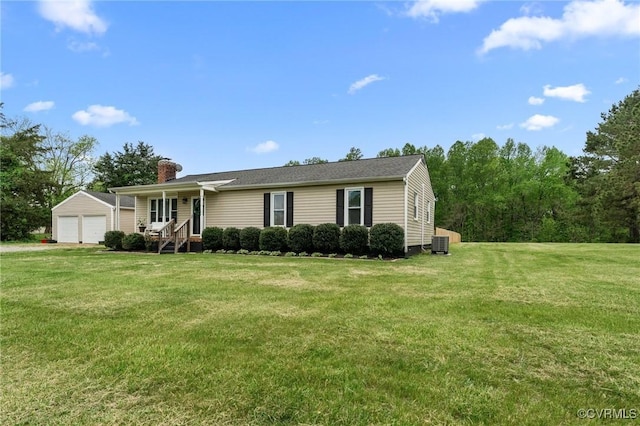 single story home featuring a front yard, an outdoor structure, a detached garage, central AC, and a chimney