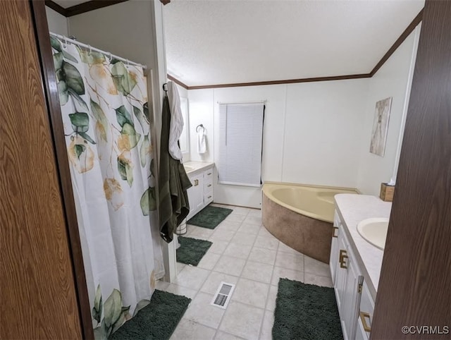 116 Sycamore Ct, Bracey, VA 23919 - bathroom with vanity, a bath, visible vents, ornamental molding, and tile patterned flooring