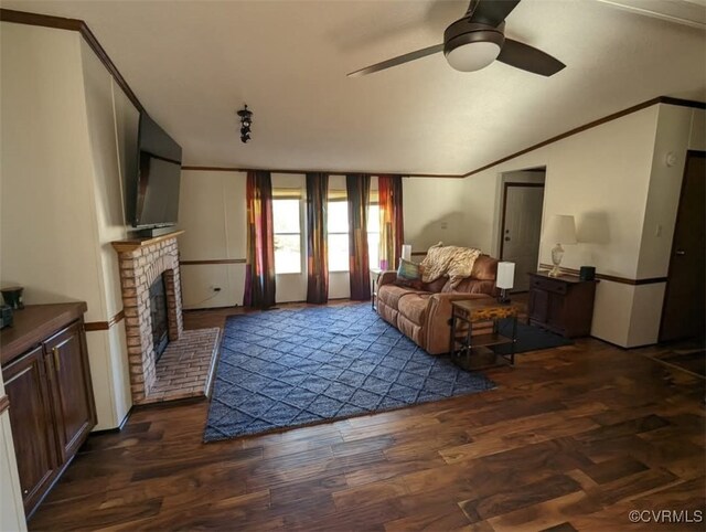 116 Sycamore Ct, Bracey, VA 23919 - living room featuring wood finished floors, a ceiling fan, and a brick fireplace
