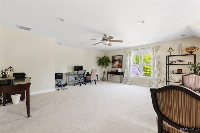 interior space with carpet floors, a ceiling fan, baseboards, recessed lighting, and visible vents