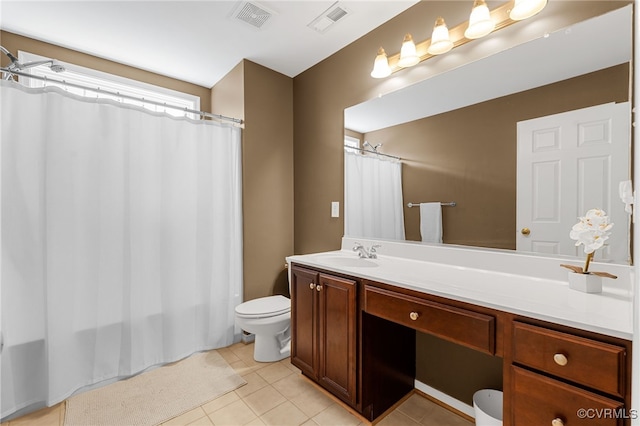 full bathroom featuring toilet, tile patterned floors, visible vents, and vanity