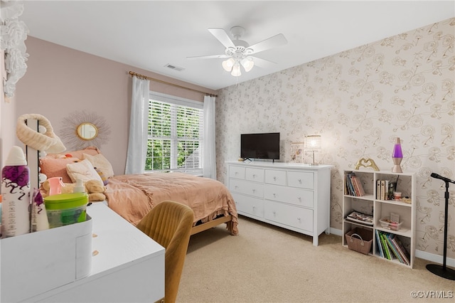 bedroom with visible vents, carpet, ceiling fan, and baseboards