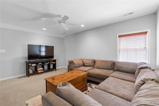 living area with baseboards, carpet, a ceiling fan, and recessed lighting