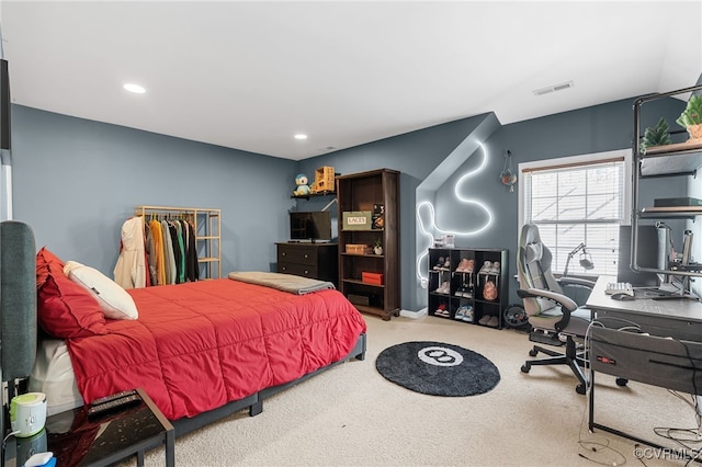 bedroom with carpet flooring, recessed lighting, and visible vents
